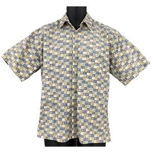 Vintage Via Veneto Button Shirt Mens Medium Short Sleeve Pocket Cream Geometric